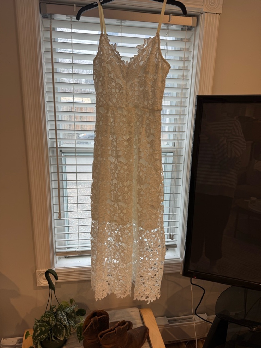 Dex Ivory Floral Lace Midi Dress with V-Neck - Picture 1 of 2